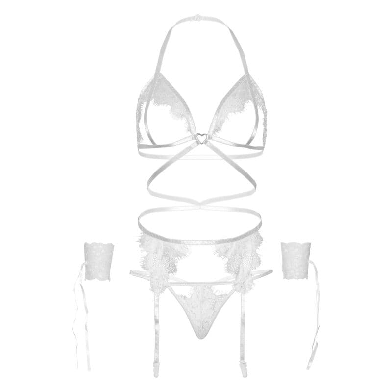 LEG AVENUE - FOUR PIECES SET BRA, G-STRING, GARTER BELT & WRIST CUFFS ONE SIZE - WHITE thumb 5