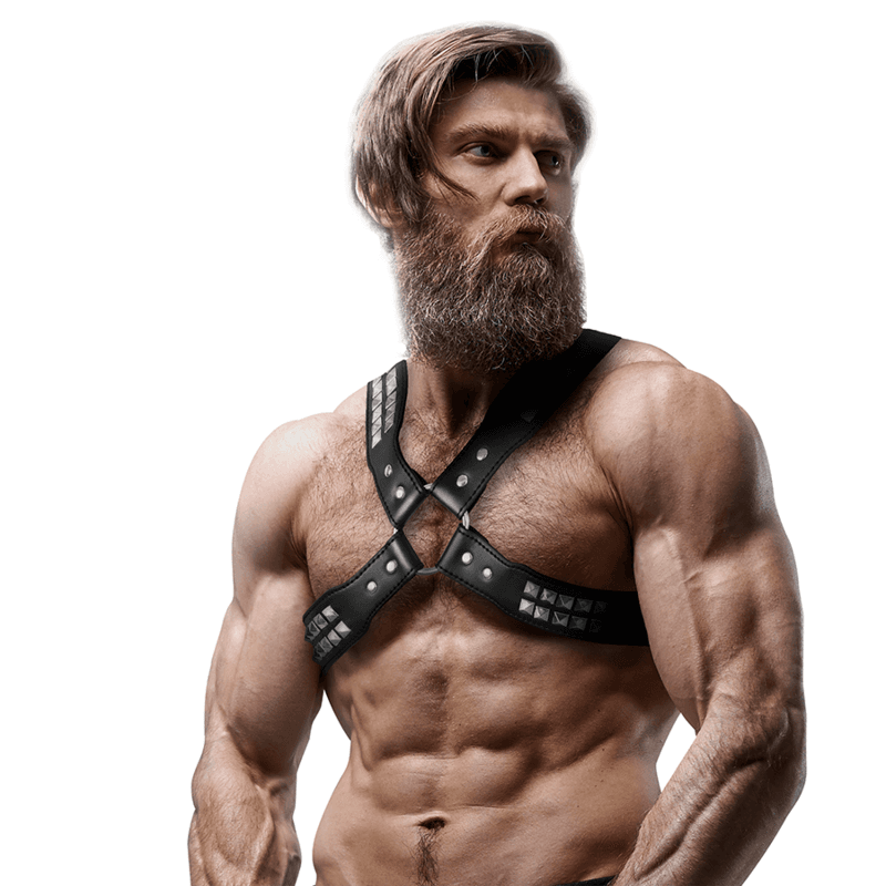 FETISH SUBMISSIVE ATTITUDE - MENS CROSSED CHEST ECO-LEATHER HARNESS WITH RIVETS thumb 4