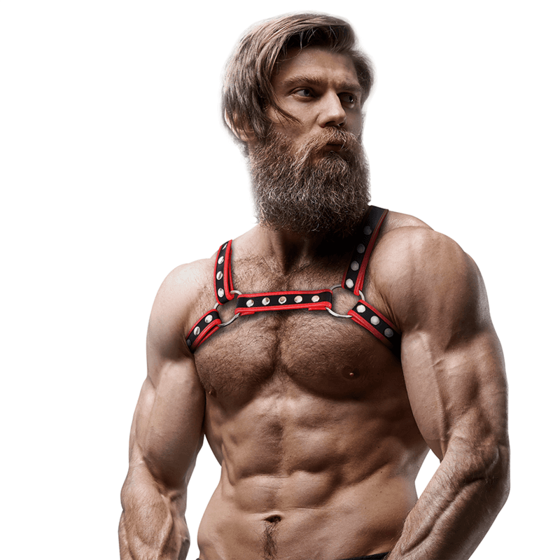 FETISH SUBMISSIVE ATTITUDE - MENS ECO-LEATHER CHEST BULLDOG HARNESS BLACK/RED thumb 4