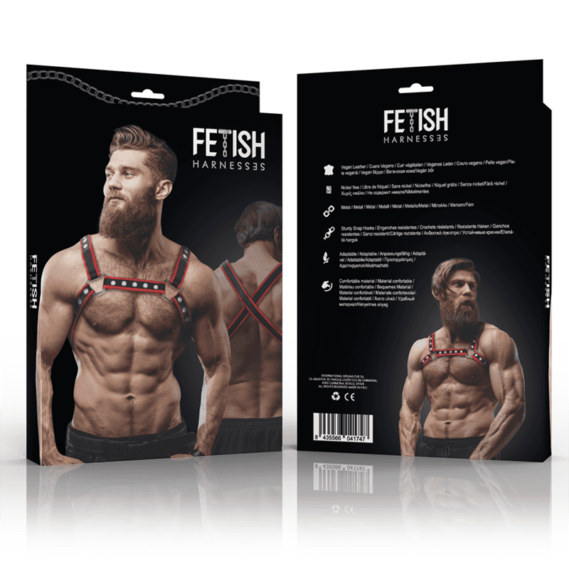 FETISH SUBMISSIVE ATTITUDE - MENS ECO-LEATHER CHEST BULLDOG HARNESS BLACK/RED thumb 2