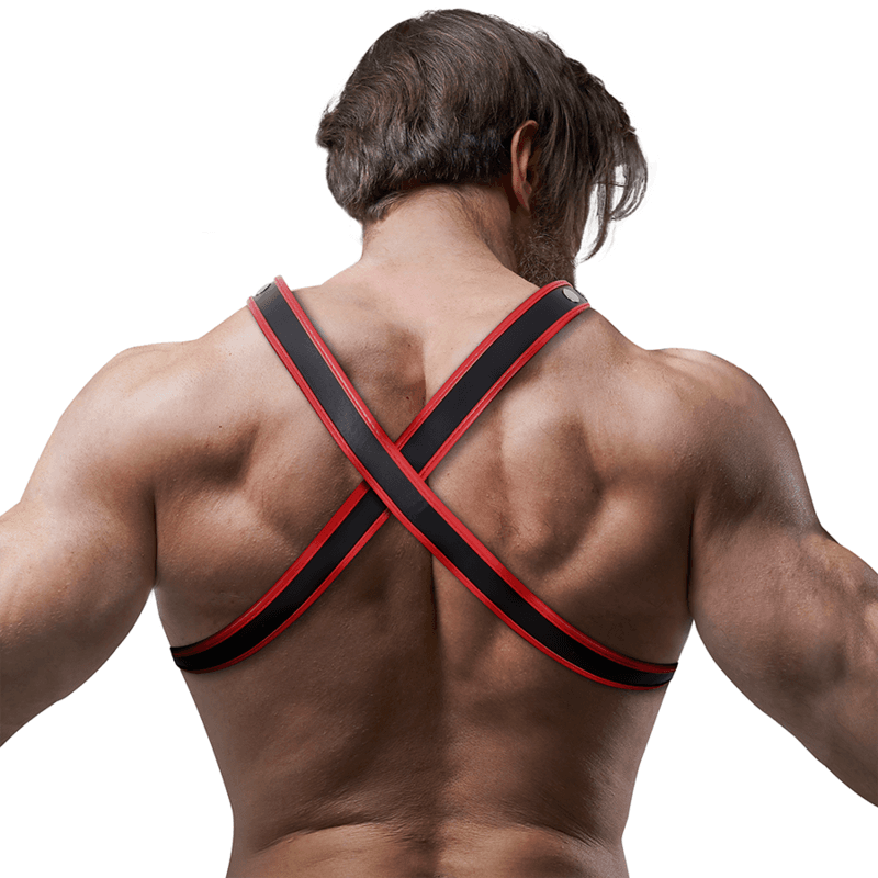 FETISH SUBMISSIVE ATTITUDE - MENS ECO-LEATHER CHEST BULLDOG HARNESS BLACK/RED thumb 3