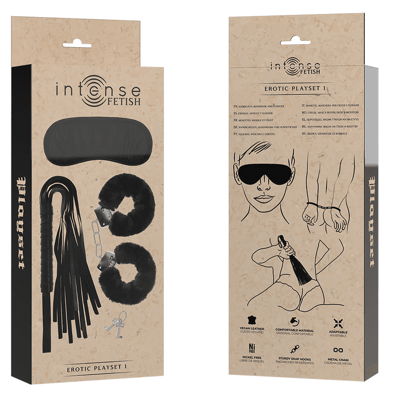 INTENSE - FETISH EROTIC PLAYSET 1 WITH HANDCUFFS, BLIND MASK AND FLOGGER thumb 6