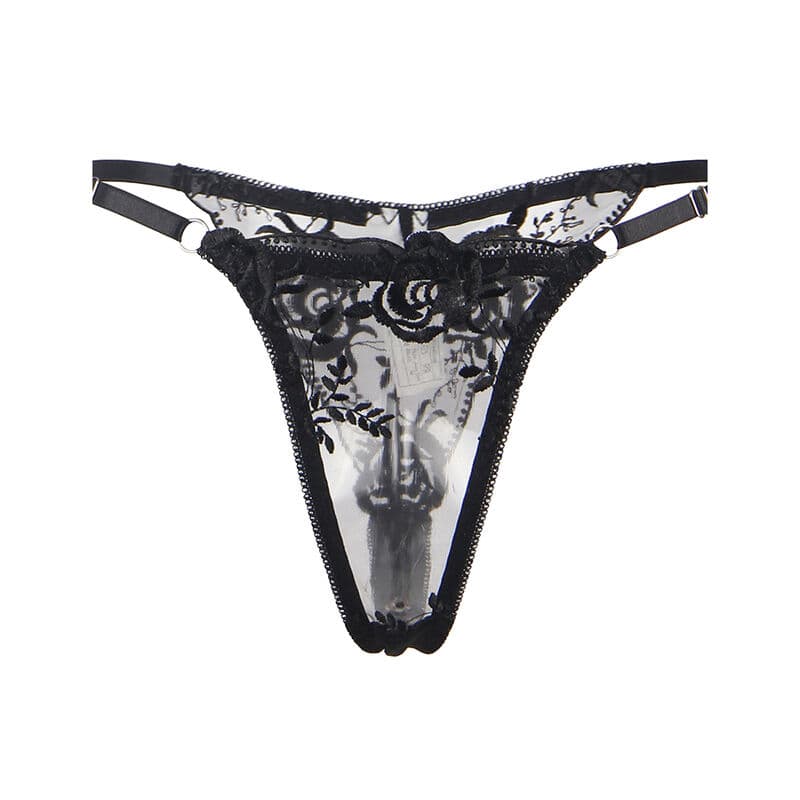 SUBBLIME - SET OF 3 PIECES BRA + THONG + GARTER FLORAL PRINT BLACK S/M thumb 8