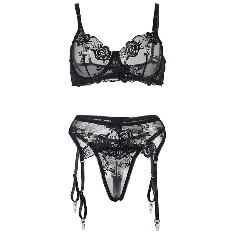 SUBBLIME - SET OF 3 PIECES BRA + THONG + GARTER FLORAL PRINT BLACK L/XL thumb 7