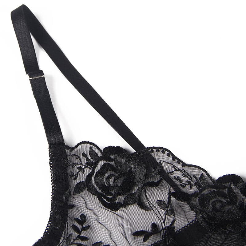 SUBBLIME - SET OF 3 PIECES BRA + THONG + GARTER FLORAL PRINT BLACK L/XL thumb 11