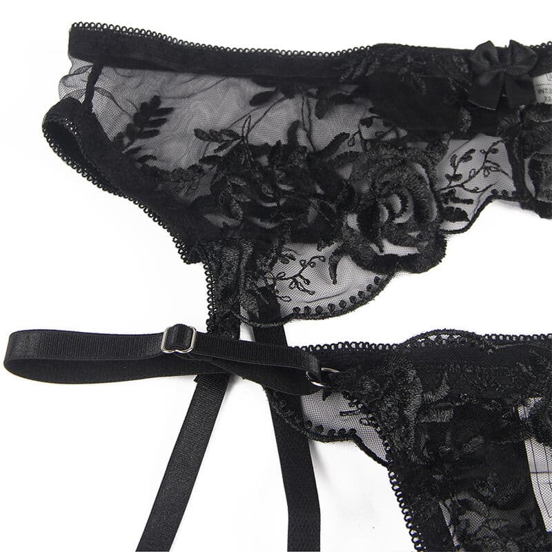 SUBBLIME - SET OF 3 PIECES BRA + THONG + GARTER FLORAL PRINT BLACK L/XL thumb 10