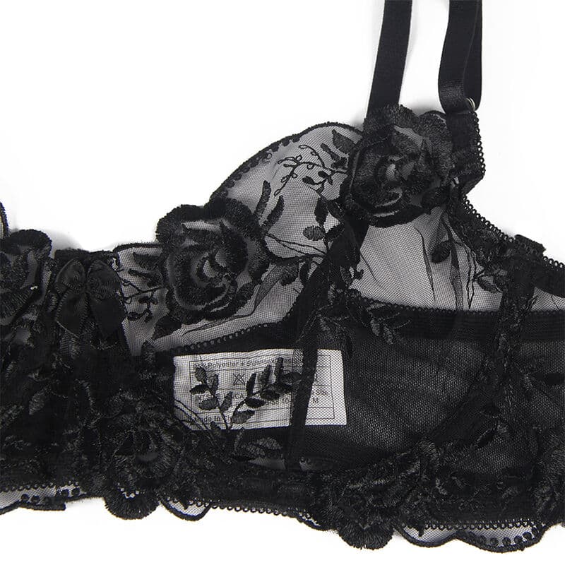 SUBBLIME - SET OF 3 PIECES BRA + THONG + GARTER FLORAL PRINT BLACK L/XL thumb 12