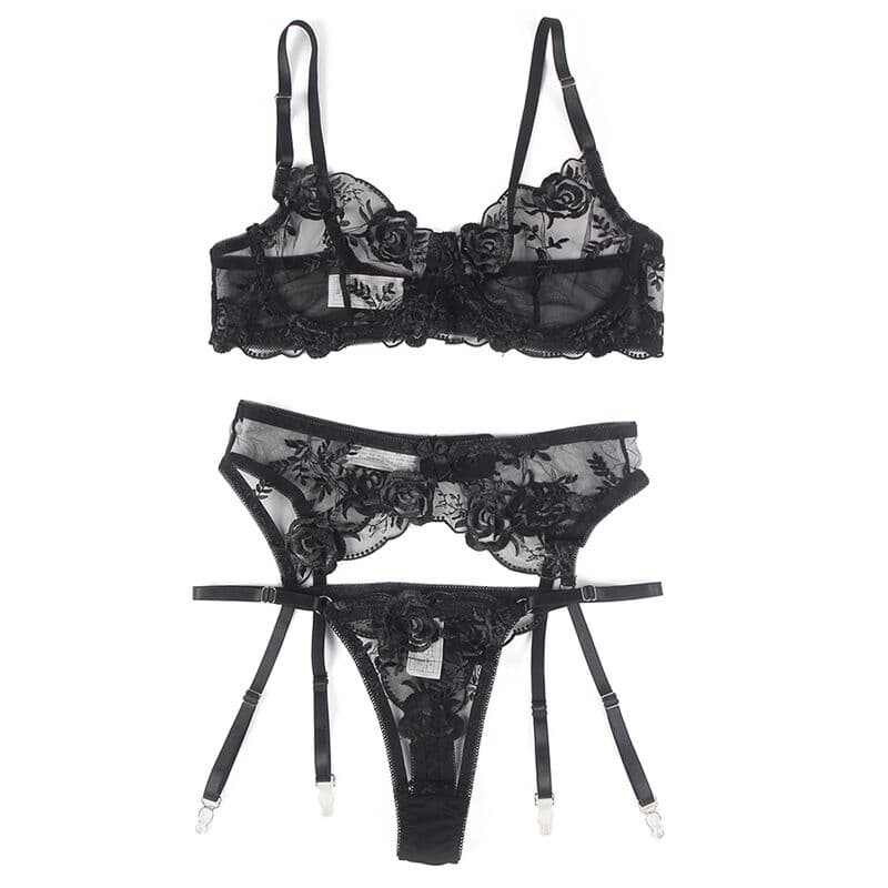 SUBBLIME - SET OF 3 PIECES BRA + THONG + GARTER FLORAL PRINT BLACK L/XL thumb 6
