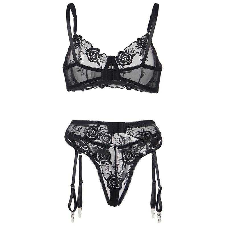 SUBBLIME - SET OF 3 PIECES BRA + THONG + GARTER FLORAL PRINT BLACK L/XL thumb 8