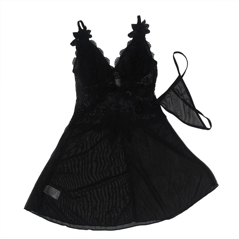 SUBBLIME - BABYDOLL TULLE FABRIC WITH LACE AND FLOWER DETAIL BLACK S/M thumb 3