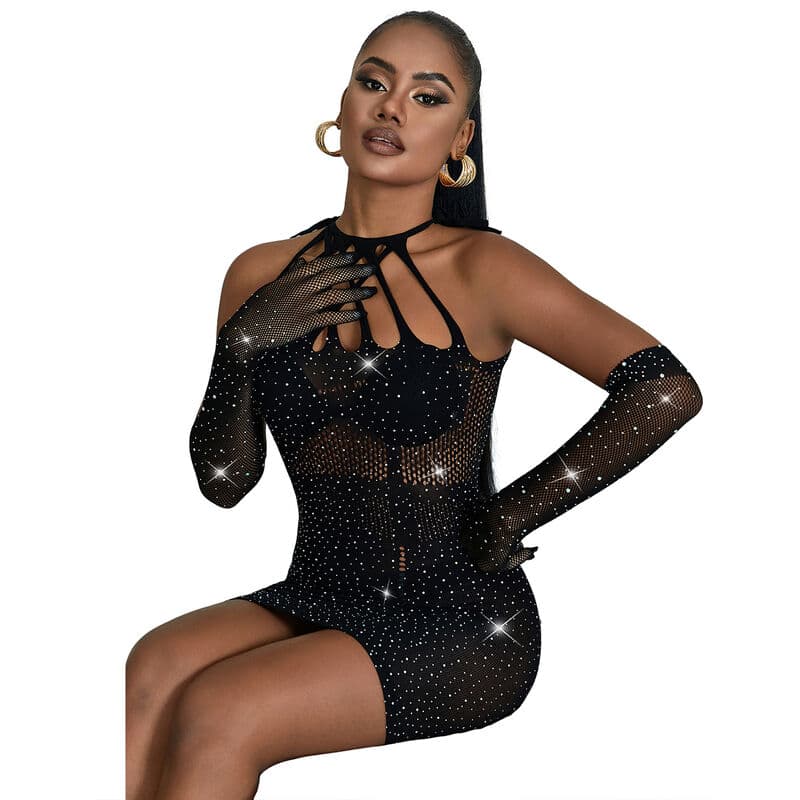 SUBBLIME - 952235 FISHNET DRESS WITH RHINESTONES  BLACK ONE SIZE thumb 3