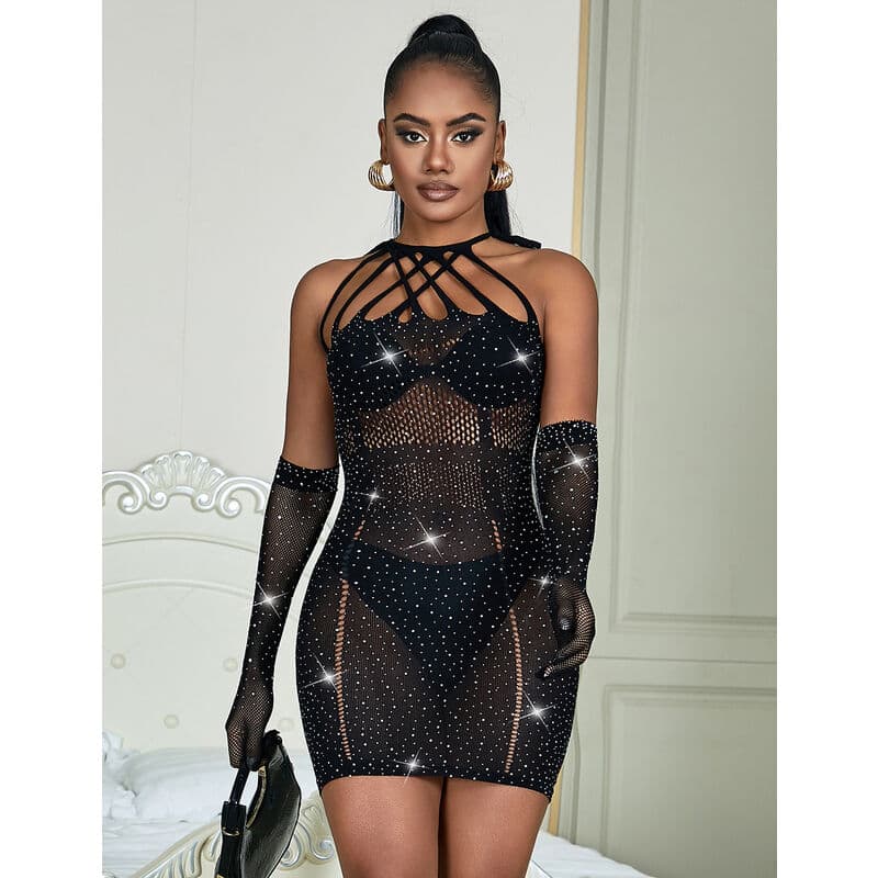 SUBBLIME - 952235 FISHNET DRESS WITH RHINESTONES  BLACK ONE SIZE thumb 6