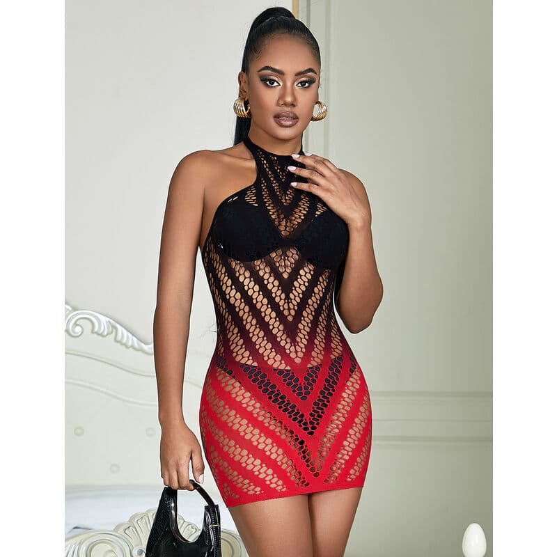 SUBBLIME - 952242 RED AND BLACK DEGRADED ELASTIC FISHNET DRESS ONE SIZE thumb 7