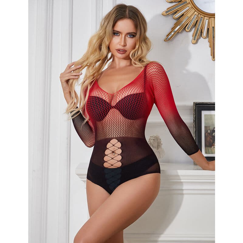 SUBBLIME - 952259 RED AND BLACK GRADIENT LONG SLEEVE ELASTIC FISHNET DRESS ONE SIZE thumb 7
