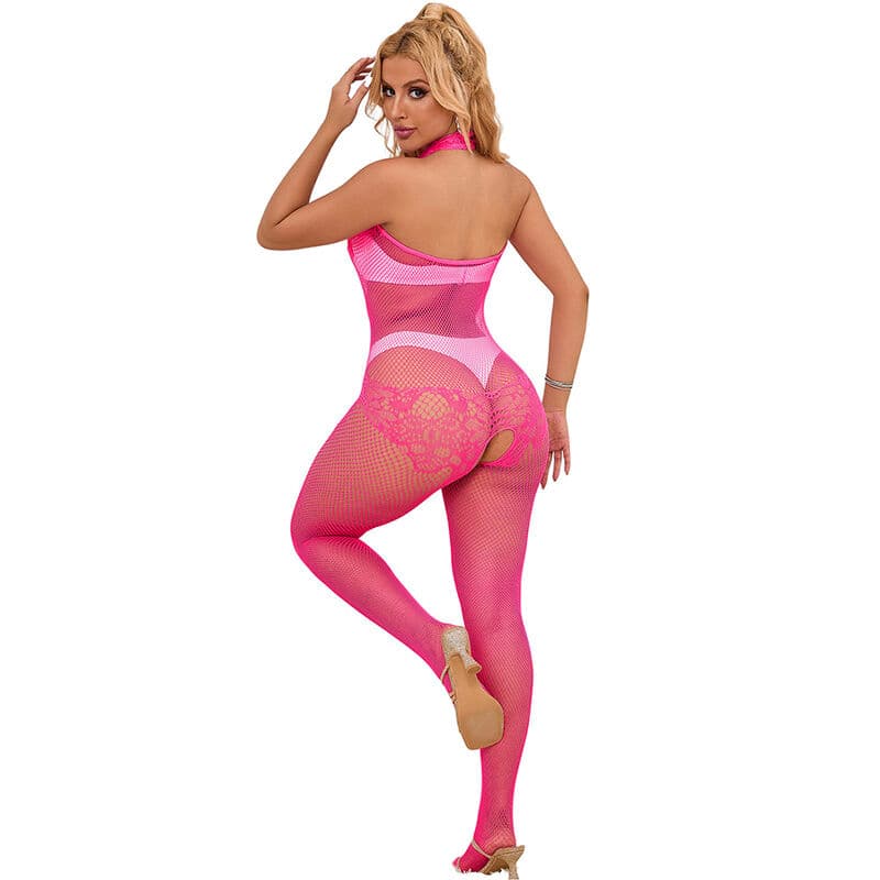 SUBBLIME - 952389 FISHNET AND LACE CROTCHLESS BODYSTOCKING WITH HIGH NECK PINK ONE SIZE thumb 2