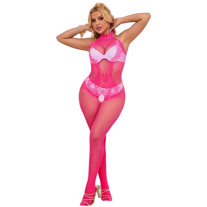 SUBBLIME - 952389 FISHNET AND LACE CROTCHLESS BODYSTOCKING WITH HIGH NECK PINK ONE SIZE thumb 4