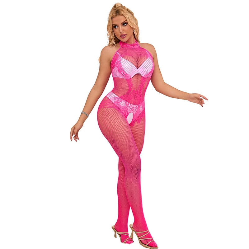 SUBBLIME - 952389 FISHNET AND LACE CROTCHLESS BODYSTOCKING WITH HIGH NECK PINK ONE SIZE thumb 5