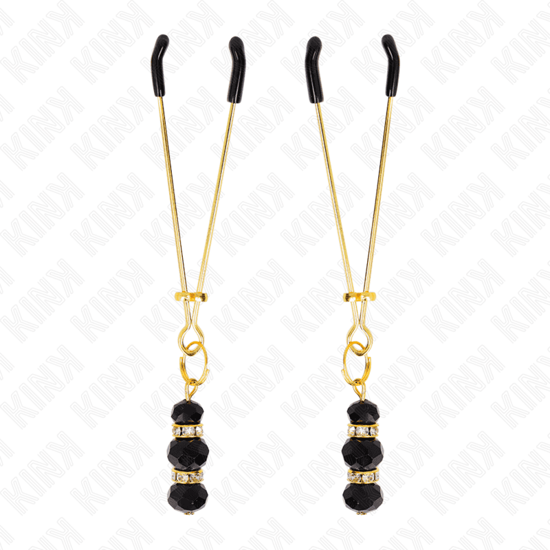 KINK - GOLD THIN NIPPLE CLAMPS WITH 3 BLACK GLASS BEADS 7 CM thumb 2
