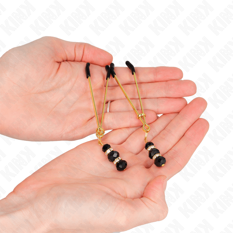 KINK - GOLD THIN NIPPLE CLAMPS WITH 3 BLACK GLASS BEADS 7 CM thumb 3