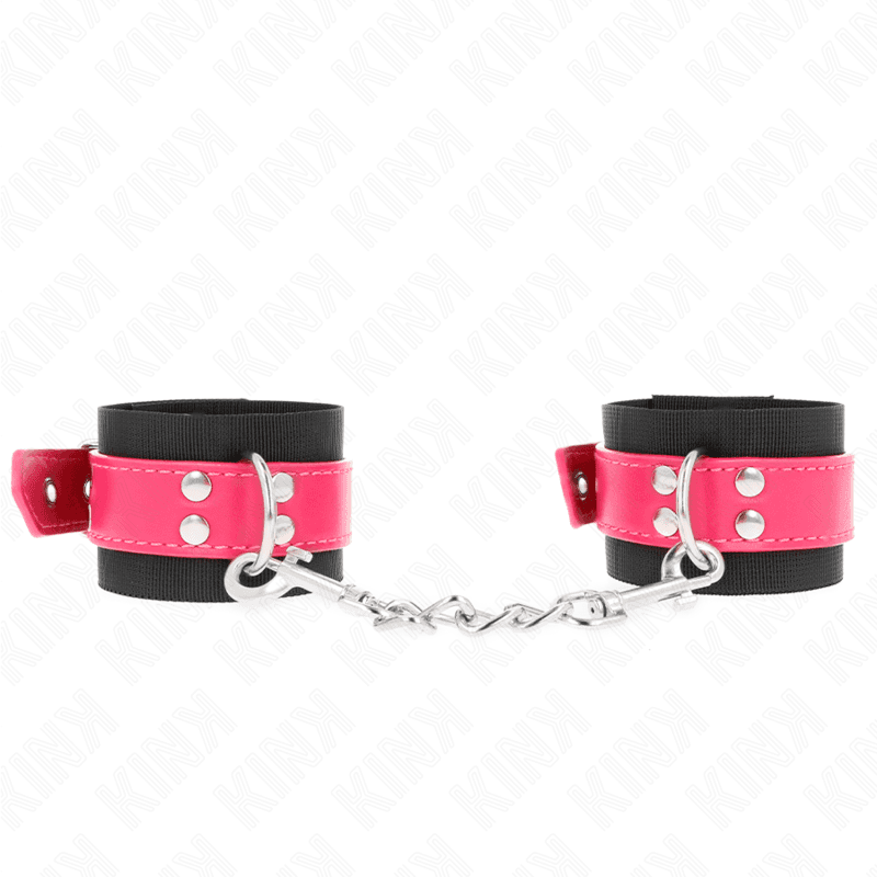 KINK - NYLON WRIST RESTRAINTS BLACK WITH LEATHERETTE BELT RASPBERRY ROSE ADJUSTABLE 19-29 CM X 5.1 CM thumb 2
