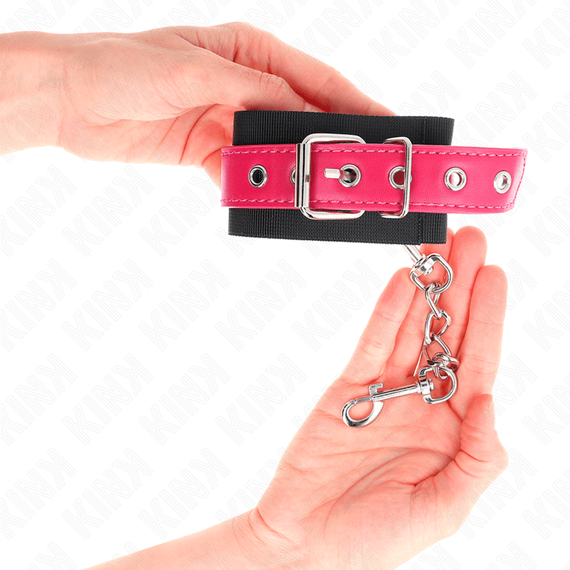 KINK - NYLON WRIST RESTRAINTS BLACK WITH LEATHERETTE BELT RASPBERRY ROSE ADJUSTABLE 19-29 CM X 5.1 CM thumb 4
