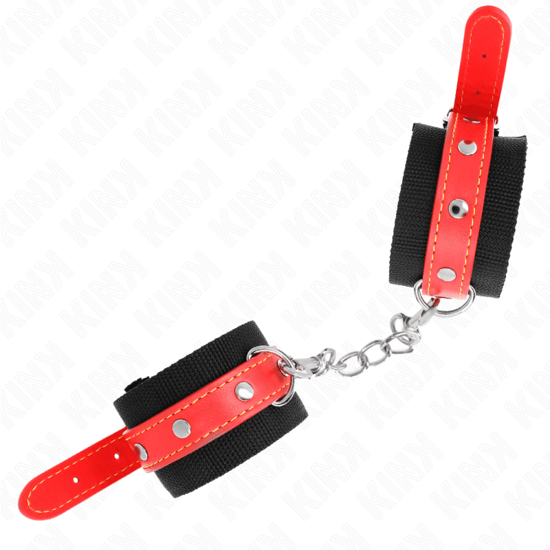 KINK - NYLON WRIST RESTRAINTS BLACK WITH LEATHERETTE RED ADJUSTABLE 19-24 CM X 5.5 CM thumb 3