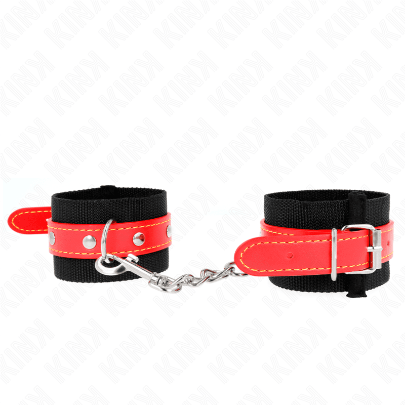 KINK - NYLON WRIST RESTRAINTS BLACK WITH LEATHERETTE RED ADJUSTABLE 19-24 CM X 5.5 CM thumb 2