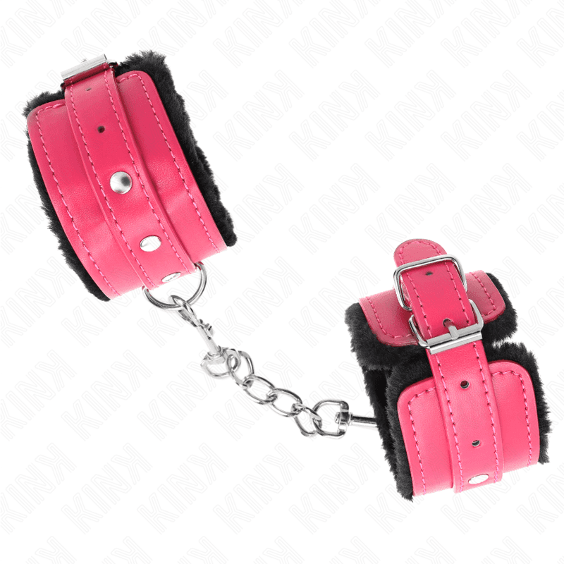 KINK - PREMIUM FUR LINED WRIST RESTRAINTS BLACK WITH RASPBERRY ROSE BELT ADJUSTABLE 17-29 CM X 6 CM thumb 3