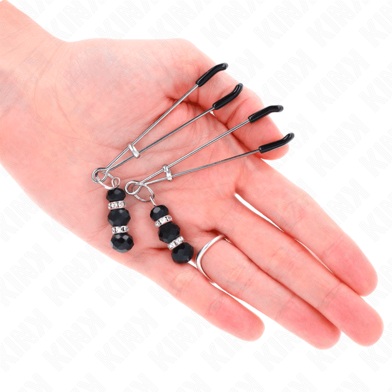 KINK - GOLD THIN NIPPLE CLAMPS WITH 3 BLACK GLASS BEADS 7 CM thumb 4