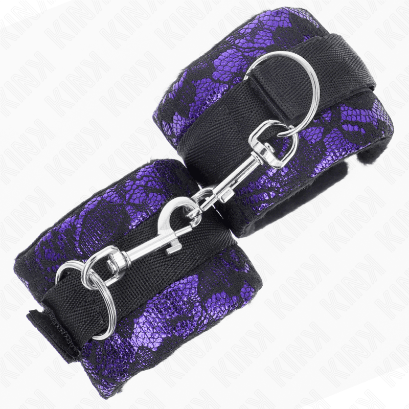 KINK - SHORT VELVET LACE WRIST RESTRAINTS AND NYLON BIND PURPLE / BLACK 23 X 6.5 CM thumb 3