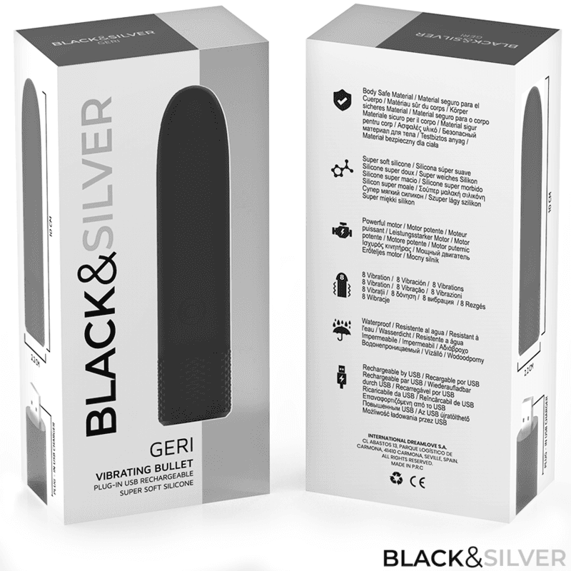 BLACK & SILVER - GERI USB RECHARGEABLE VIBRATING BULLET 8 VIBRATIONS BLACK 10 X 2.2 CM thumb 7
