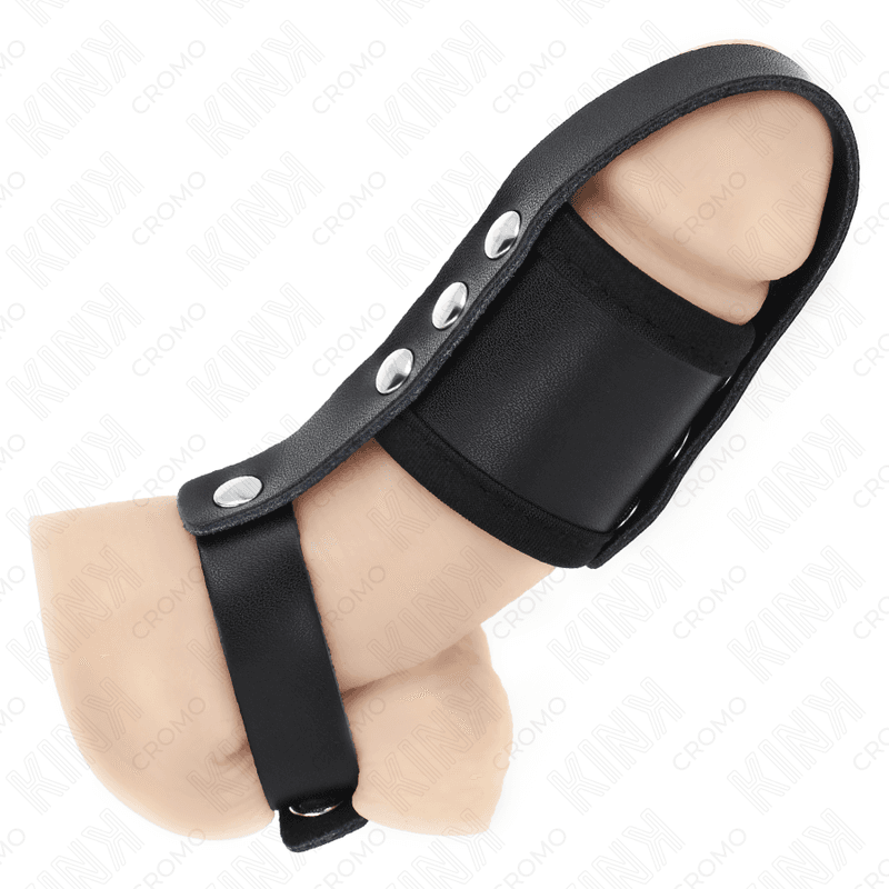 KINK - LEATHER PENIS CAGE RING WITH ADJUSTABLE COATED BALL DIVIDER STRAP thumb 3
