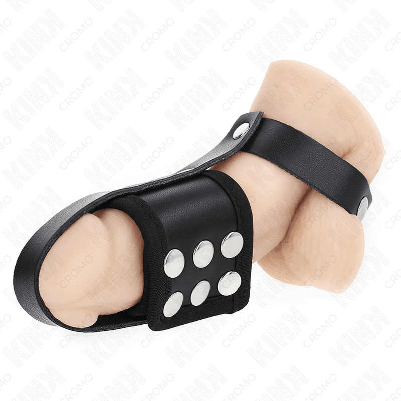 KINK - LEATHER PENIS CAGE RING WITH ADJUSTABLE COATED BALL DIVIDER STRAP thumb 2