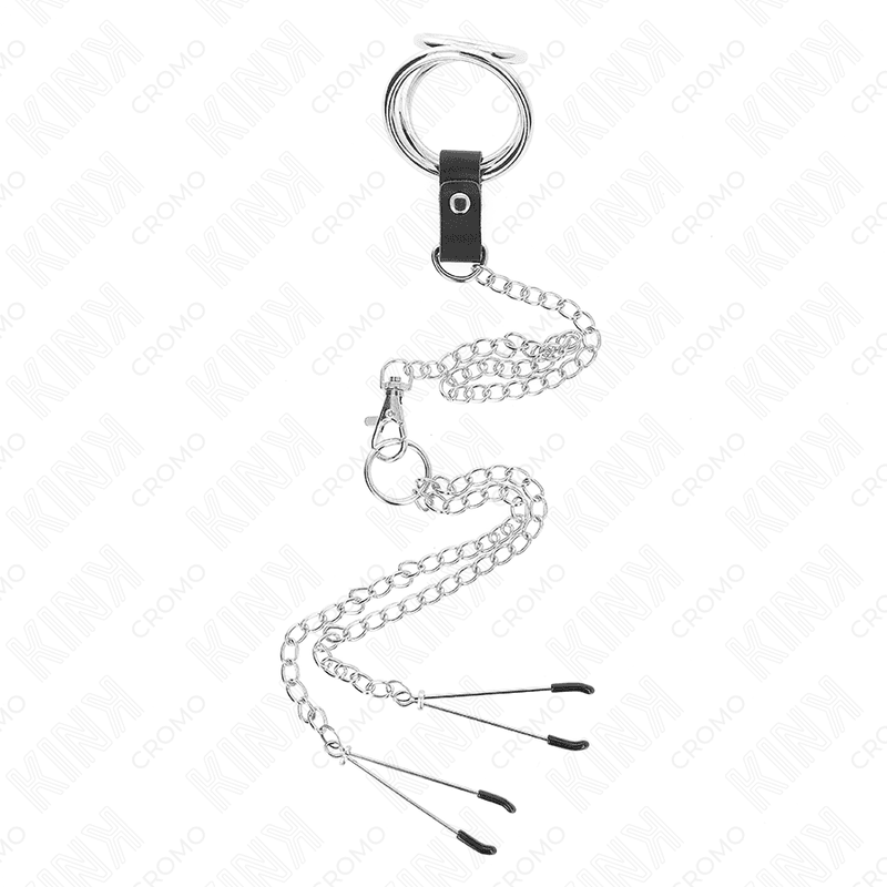 KINK - TRIPLE CHROME METAL PENIS RING 3 CM TO 4.5 CM WITH 26 CM METAL CHAIN AND NIPPLE CLIPS thumb 3