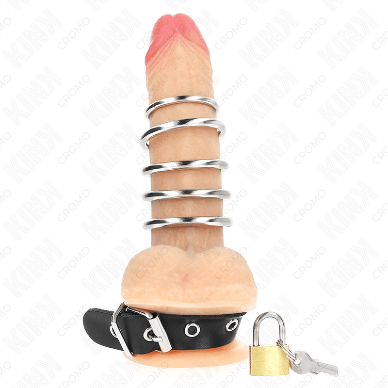 KINK - LEATHER PENIS RING WITH LOCK STRAP 21 X 2 CM AND 5 METAL RINGS FROM 3 CM TO 4 CM thumb 2