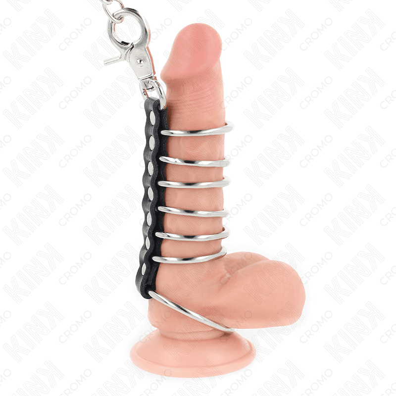 KINK - 7 METAL PENIS RINGS 3.8 CM TO 5 CM CONNECTED WITH LEATHER AND METAL CHAIN 100 CM thumb 2