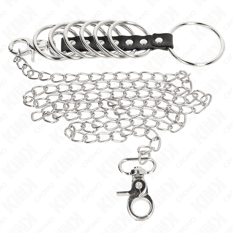 KINK - 7 METAL PENIS RINGS 3.8 CM TO 5 CM CONNECTED WITH LEATHER AND METAL CHAIN 100 CM thumb 3