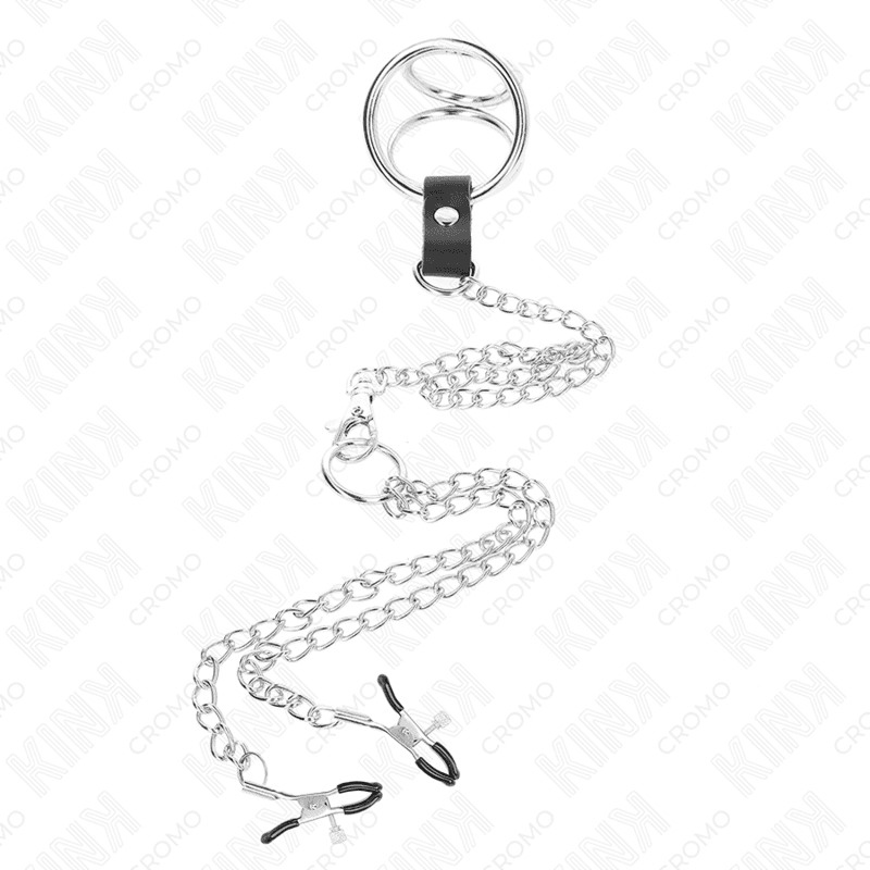 KINK - TRIPLE CHROME METAL PENIS RING 3.8 CM TO 5 CM WITH 26 CM METAL CHAIN AND NIPPLE CLAMPS MODEL 1 thumb 3
