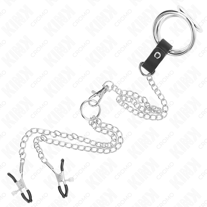 KINK - TRIPLE CHROME METAL PENIS RING 3 CM TO 4.5 CM WITH 26 CM METAL CHAIN AND NIPPLE CLIPS thumb 5