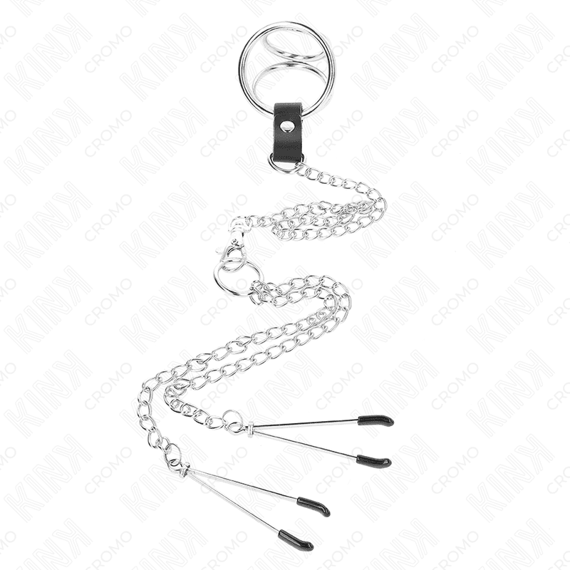 KINK - TRIPLE CHROME METAL PENIS RING 3.8 CM TO 5 CM WITH 26 CM METAL CHAIN AND NIPPLE CLAMPS MODEL 2 thumb 3