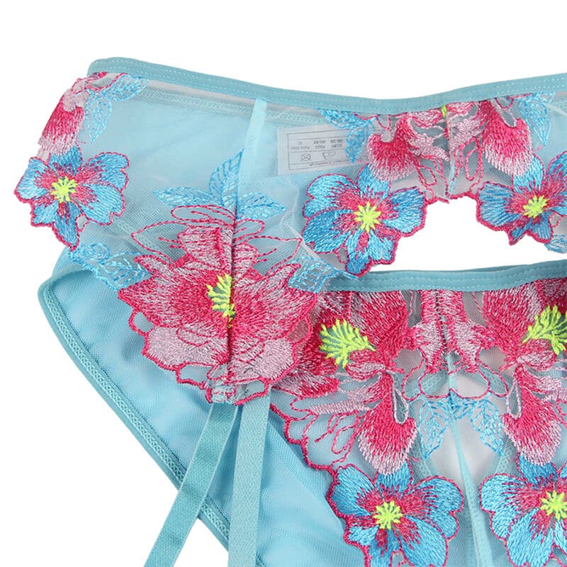SUBBLIME - 954116 BRA + PANTIES WITH GARTER BELT FLORAL DESIGN BLUE L/XL thumb 8