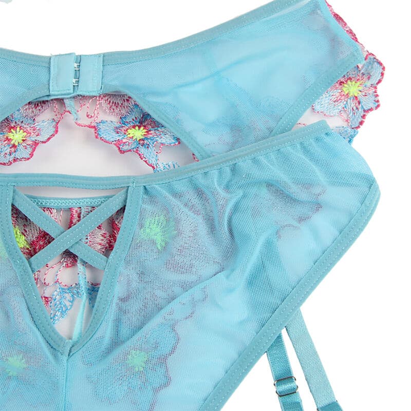 SUBBLIME - 954116 BRA + PANTIES WITH GARTER BELT FLORAL DESIGN BLUE L/XL thumb 7