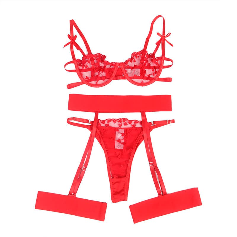 SUBBLIME - 954338 HEART PRINT BRA + THONG + GARTER BELT RED L/XL thumb 5