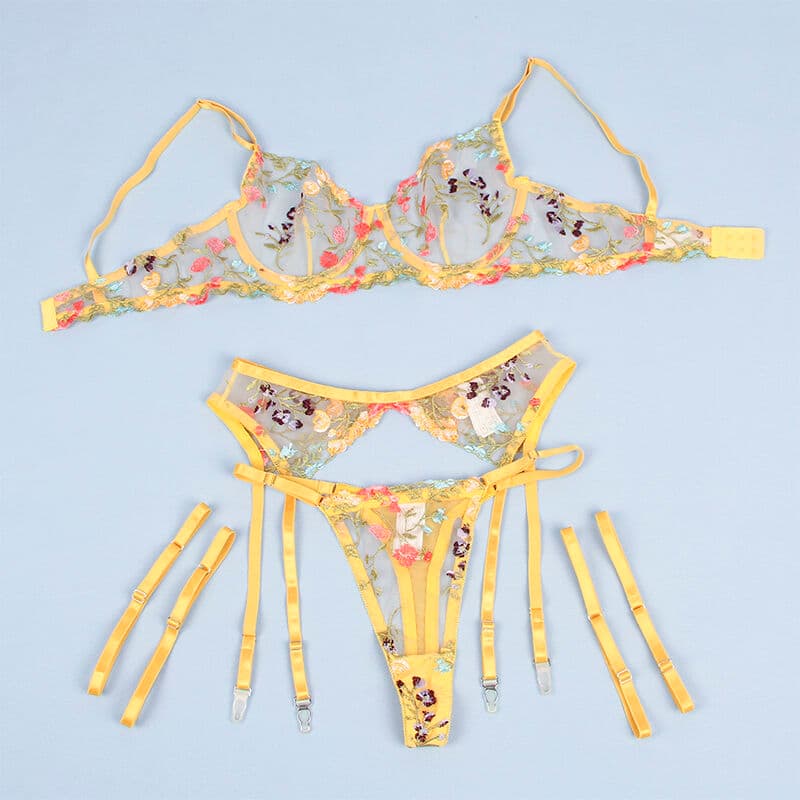 SUBBLIME - 954352 BRA + THONG + GARTER BELT FLORAL DESIGN YELLOW L/XL thumb 7