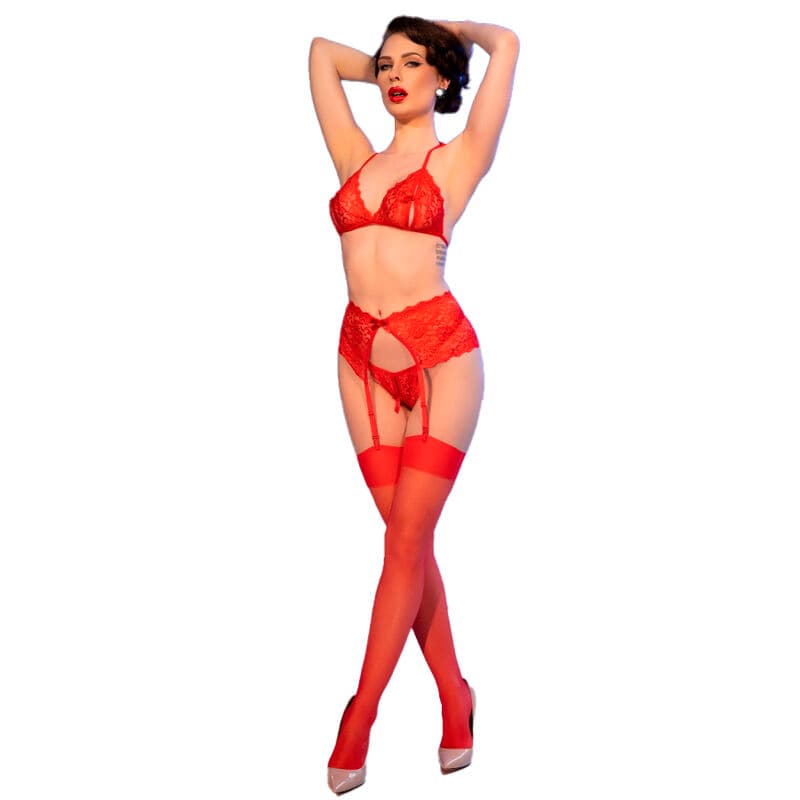 CHILIROSE - CR 4848 RED LACE BRA + THONG + STOCKINGS SET XL thumb 4