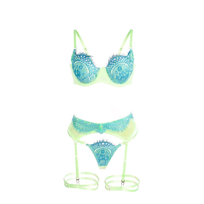 SUBBLIME - 955311 SET OF BRA WITH LACE AND GARTER LINES GREEN AND BLUE S/M thumb 7