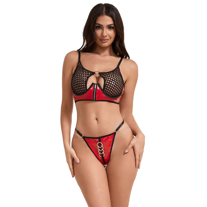 SUBBLIME - 955540 RED PATENT LEATHER MESH ZIPPER BRA SET L/XL thumb 1