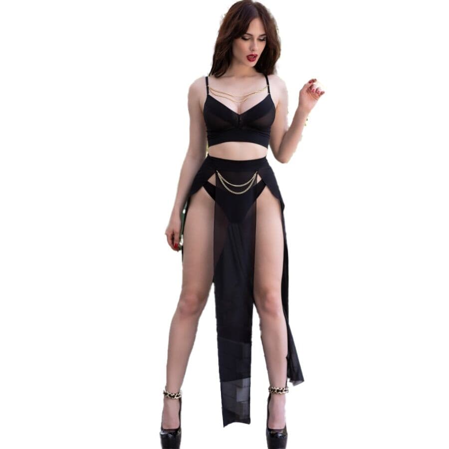 CHILIROSE - CR 4672 BLACK TOP SKIRT AND THONG WITH GOLDEN CHAINS XL thumb 2