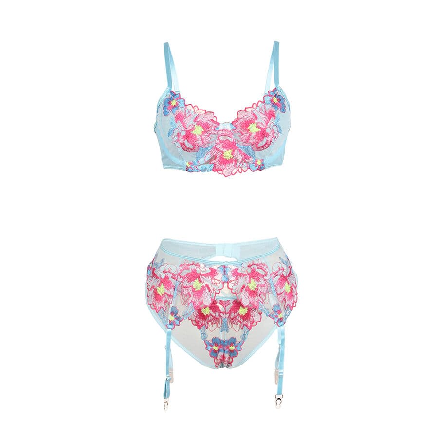SUBBLIME - 957643 FLOWER EMBROIDERED BRA AND GARTER BELT SET PINK S/M thumb 5