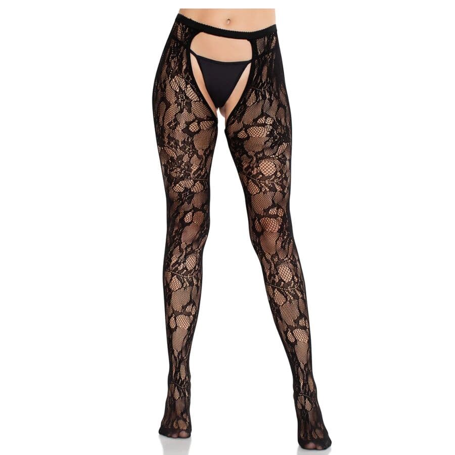 LEG AVENUE - ROSE LACE STOCKINGS WITH OPEN BACK BLACK thumb 1